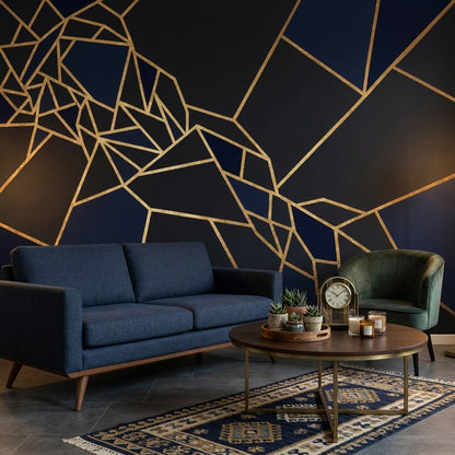 Geometrik Çizgili Poster Duvar Kağıdı Lacivert Altın Salon