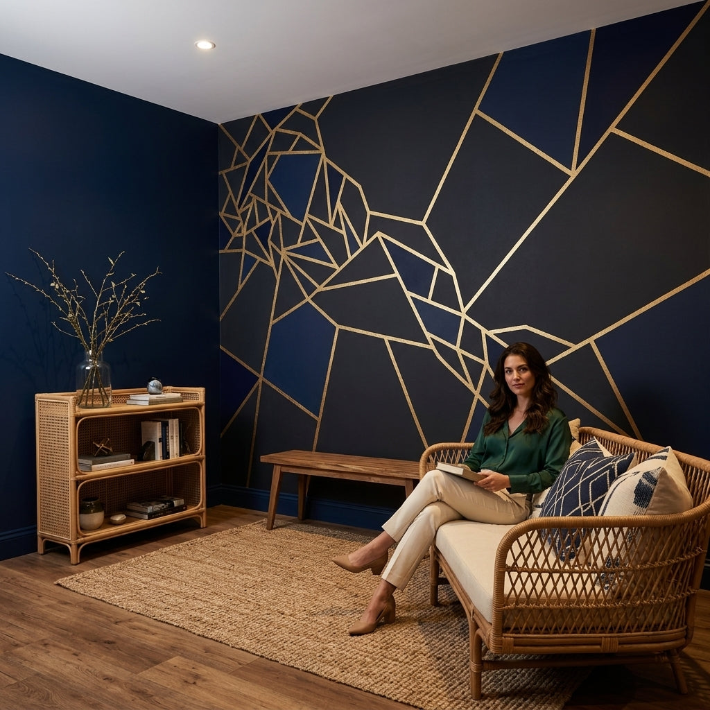 Geometrik Çizgili Poster Duvar Kağıdı Lacivert Altın Salon