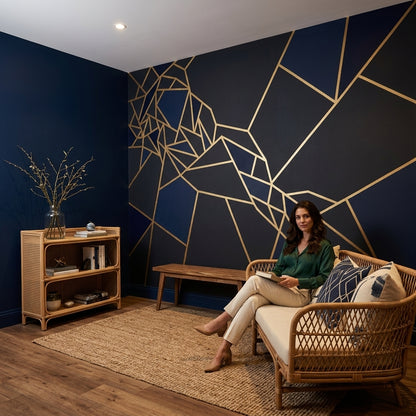 Geometrik Çizgili Poster Duvar Kağıdı Lacivert Altın Salon