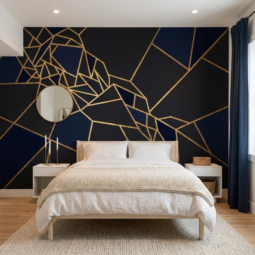 Geometrik Çizgili Poster Duvar Kağıdı Lacivert Altın Salon