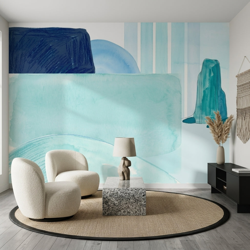 Mavi Sulu Boya Soyut Poster Duvar Kağıdı Modern Salon