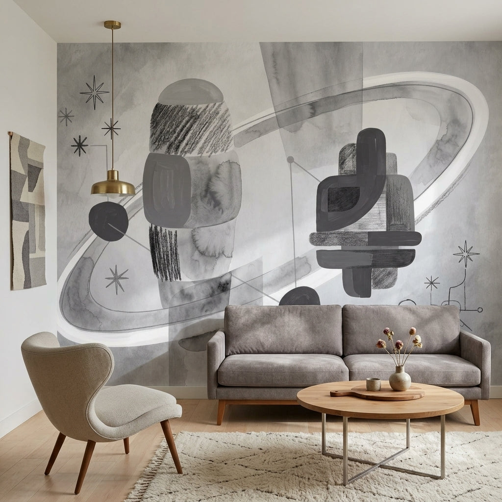 Soyut Geometrik Poster Duvar Kağıdı Gri Tonlu Salon Dekoru