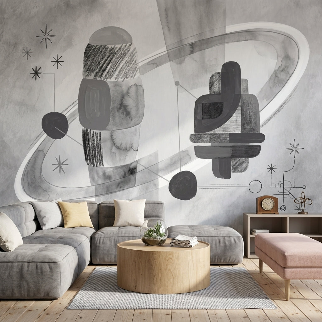 Soyut Geometrik Poster Duvar Kağıdı Gri Tonlu Salon Dekoru