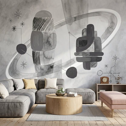 Soyut Geometrik Poster Duvar Kağıdı Gri Tonlu Salon Dekoru