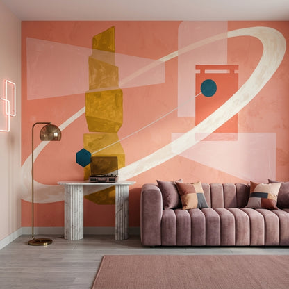 Soyut Geometrik Poster Duvar Kağıdı Somon Turuncu Salon Tasarımı