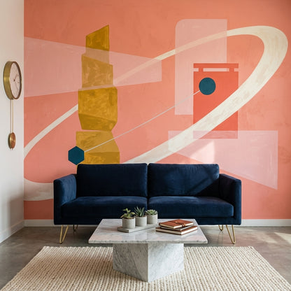 Soyut Geometrik Poster Duvar Kağıdı Somon Turuncu Salon Tasarımı