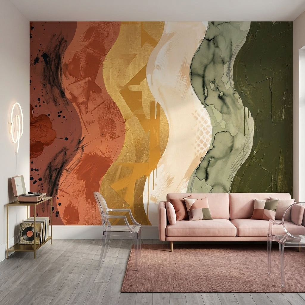 Soyut Renk Bloklu Poster Duvar Kağıdı Yeşil Terracotta Salon
