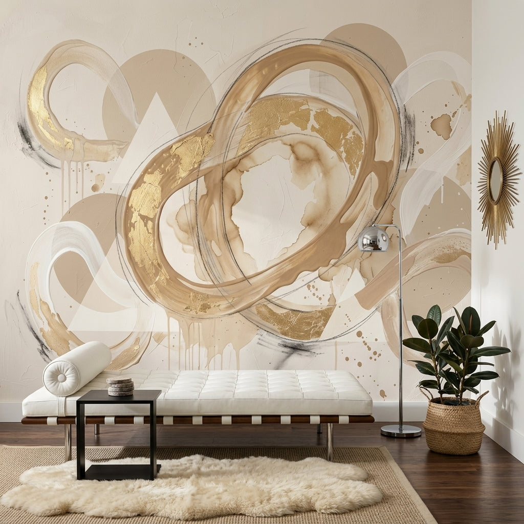 Soyut Halka Formlu Poster Duvar Kağıdı Bej Gold Salon