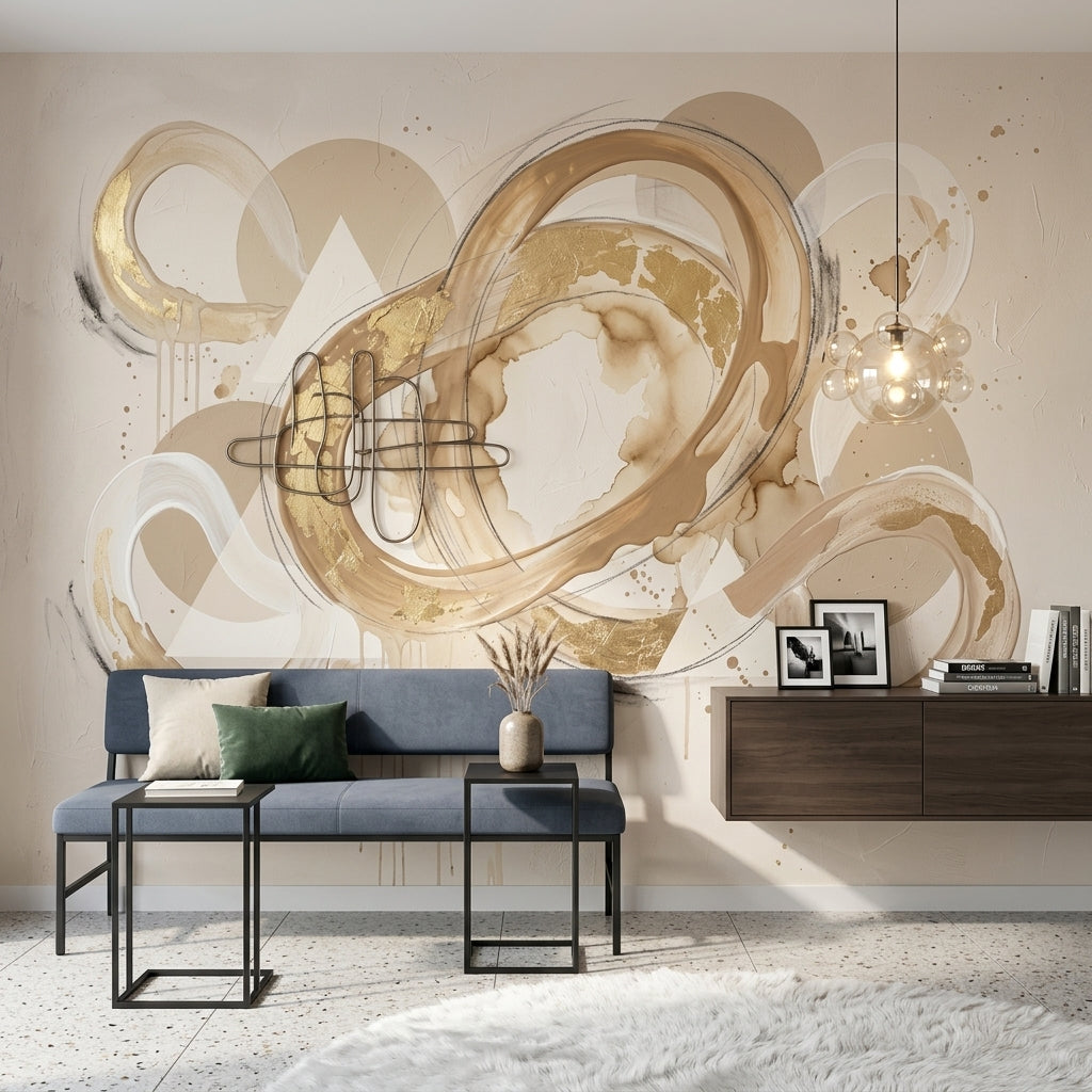 Soyut Halka Formlu Poster Duvar Kağıdı Bej Gold Salon