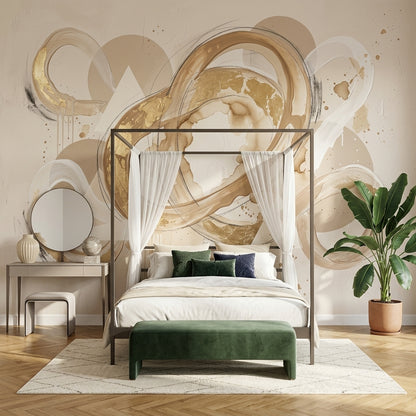 Soyut Halka Formlu Poster Duvar Kağıdı Bej Gold Salon