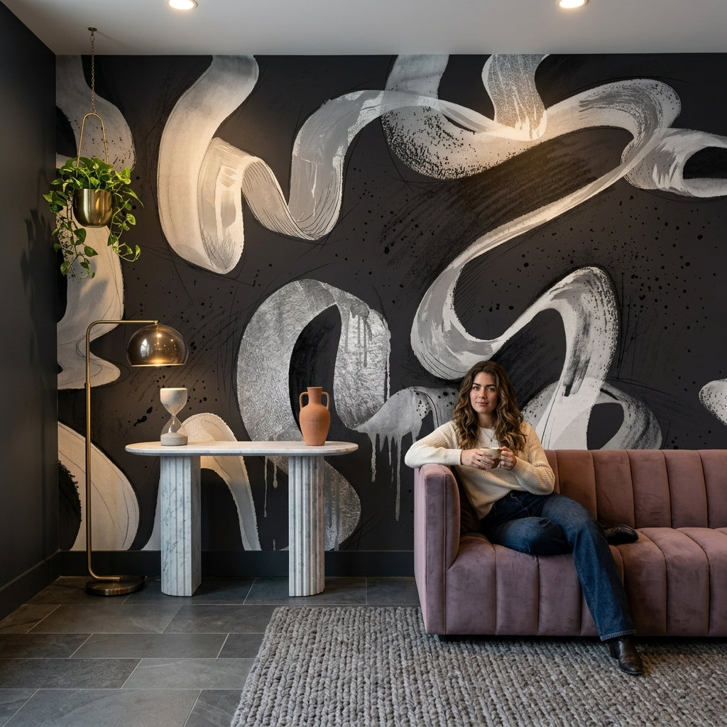 Siyah Beyaz Soyut Fırça Darbeli Poster Duvar Kağıdı Salon