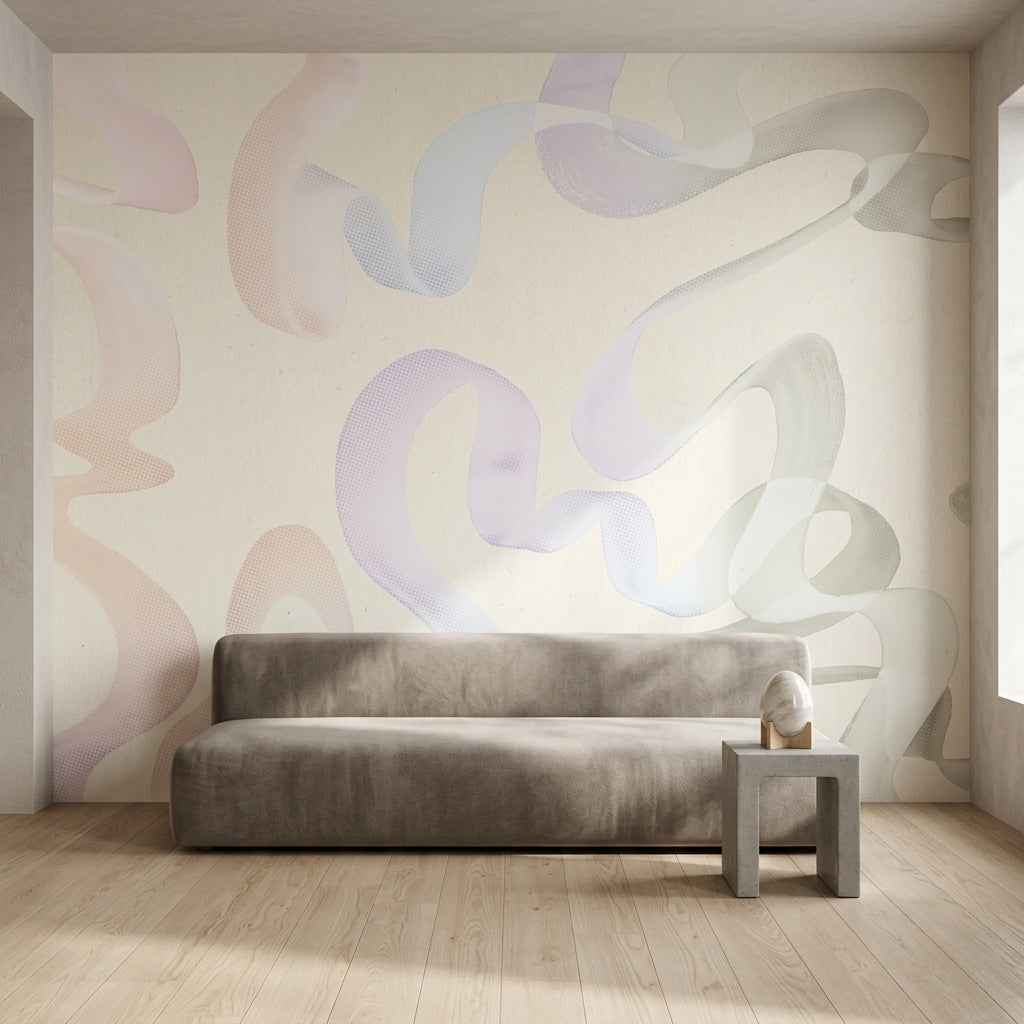 Pastel Soyut Şeritli Poster Duvar Kağıdı Krem Salon Duvarı