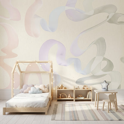 Pastel Soyut Şeritli Poster Duvar Kağıdı Krem Salon Duvarı