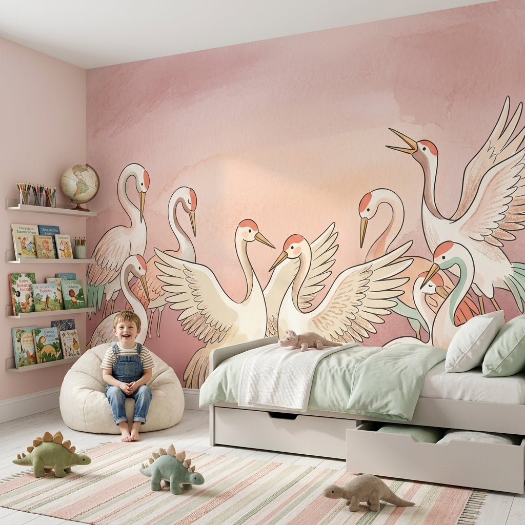 Turna Kuşlu Poster Duvar Kağıdı Pudra Pembe Suluboya