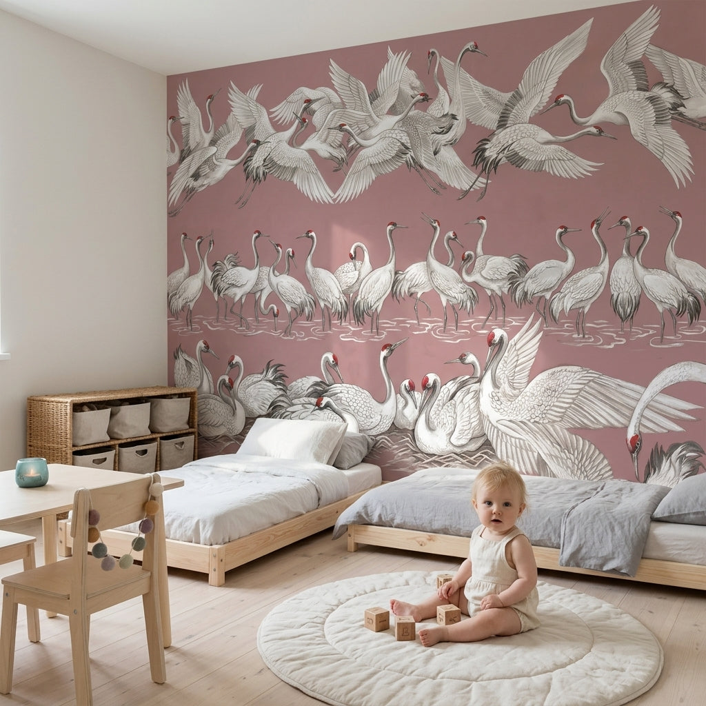 Turna Kuşları Poster Duvar Kağıdı Pembe Zemin Salon