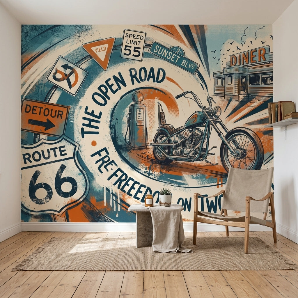 Motosikletli Retro Yol Poster Duvar Kağıdı Turuncu Mavi