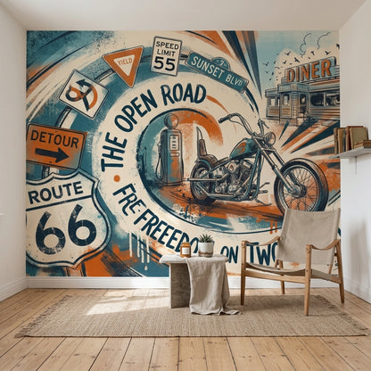 Motosikletli Retro Yol Poster Duvar Kağıdı Turuncu Mavi