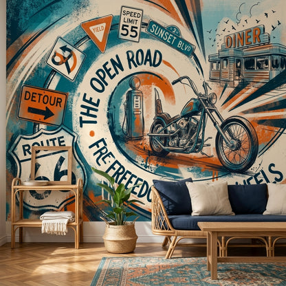 Motosikletli Retro Yol Poster Duvar Kağıdı Turuncu Mavi