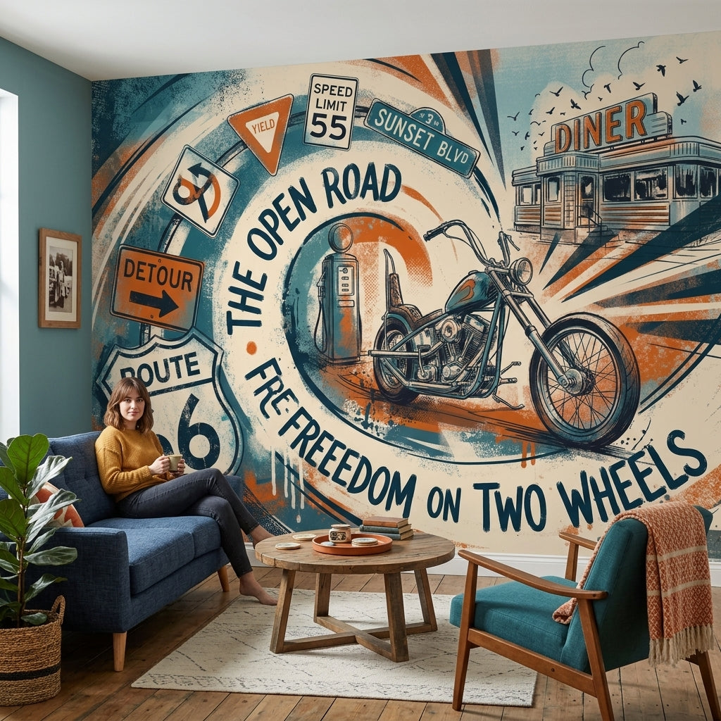 Motosikletli Retro Yol Poster Duvar Kağıdı Turuncu Mavi