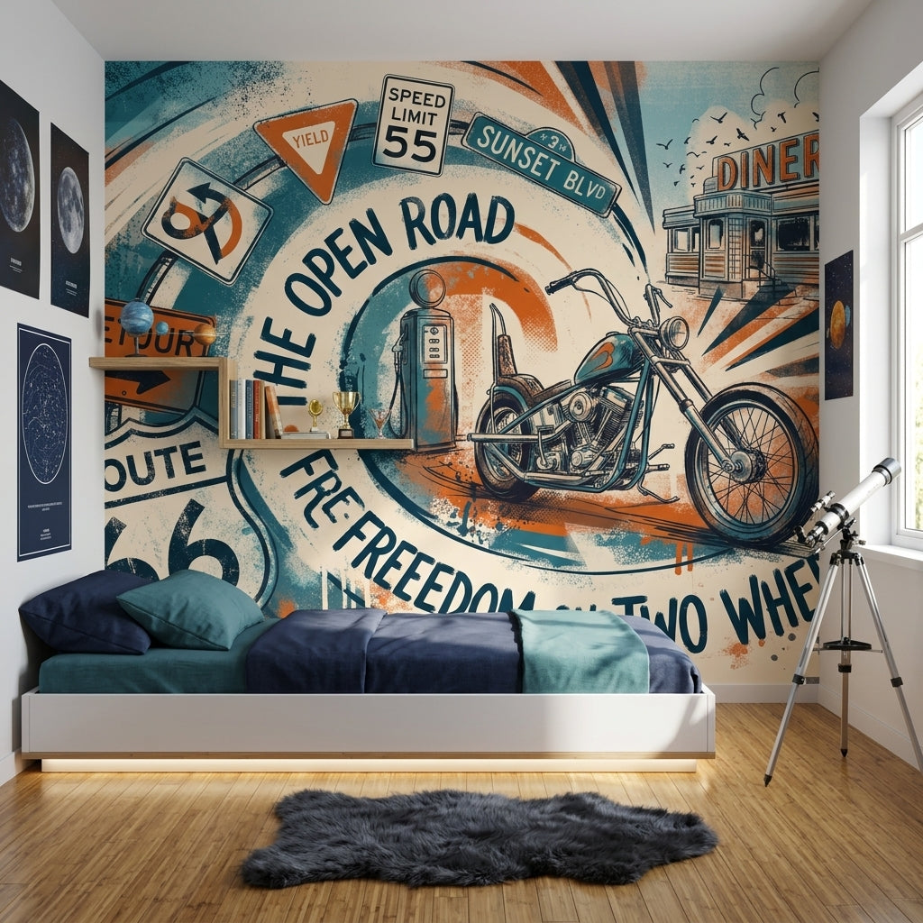 Motosikletli Retro Yol Poster Duvar Kağıdı Turuncu Mavi