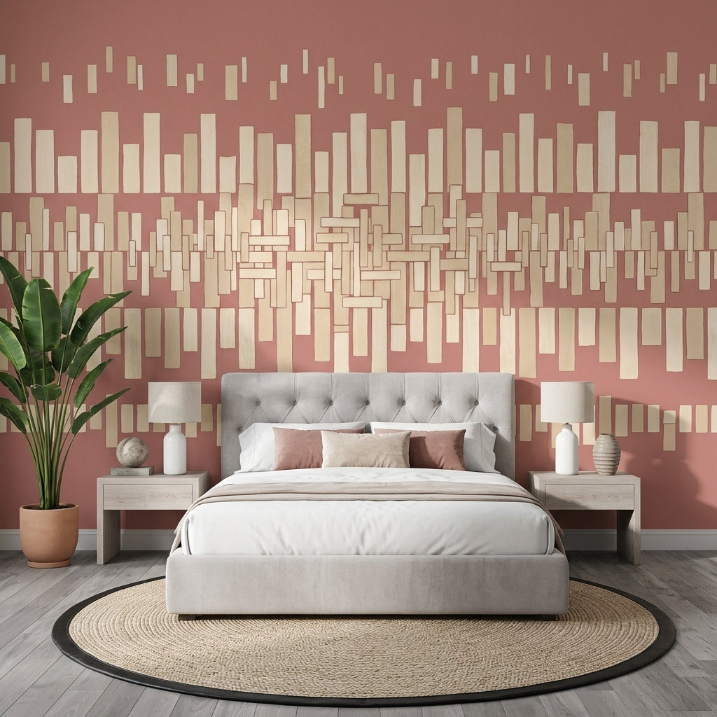 Geometrik Çubuk Desenli Poster Duvar Kağıdı Pudra Pembe Yatak Odası