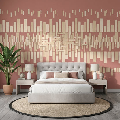 Geometrik Çubuk Desenli Poster Duvar Kağıdı Pudra Pembe Yatak Odası
