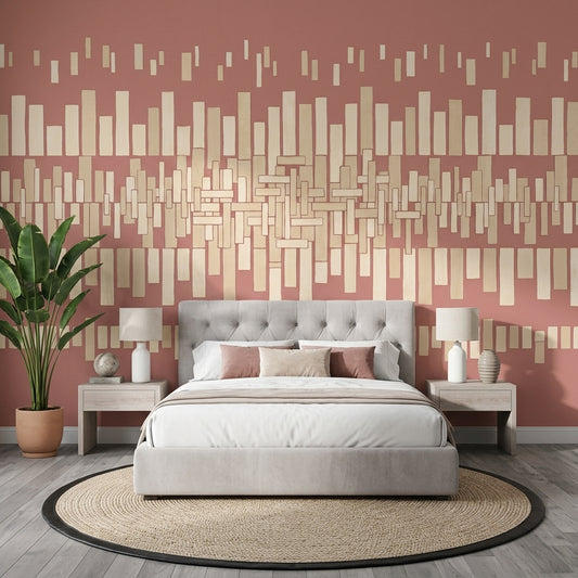 Geometrik Çubuk Desenli Poster Duvar Kağıdı Pudra Pembe Yatak Odası