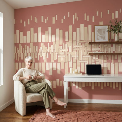 Geometrik Çubuk Desenli Poster Duvar Kağıdı Pudra Pembe Yatak Odası