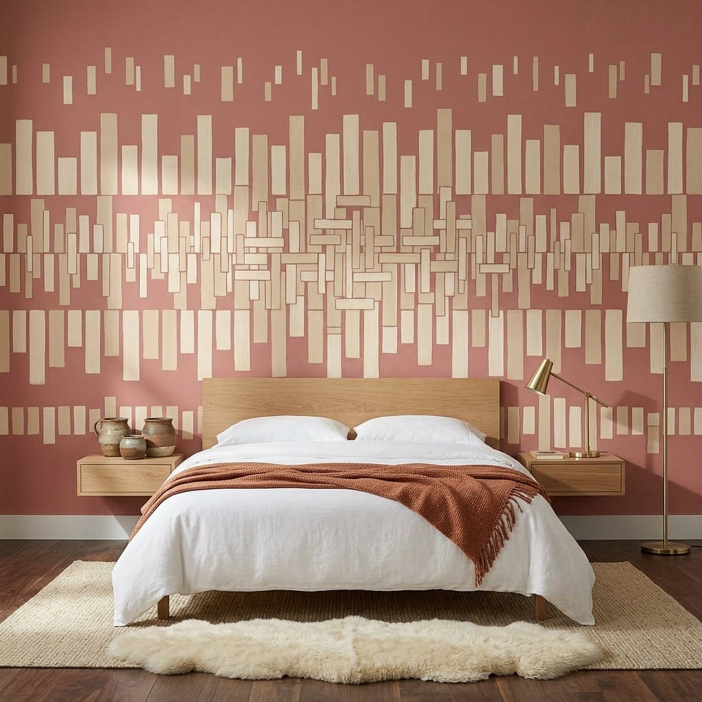 Geometrik Çubuk Desenli Poster Duvar Kağıdı Pudra Pembe Yatak Odası