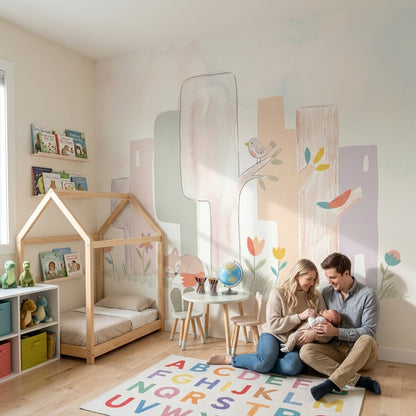Orman Hayvanlı Poster Duvar Kağıdı Pastel Çocuk Odası Desenli