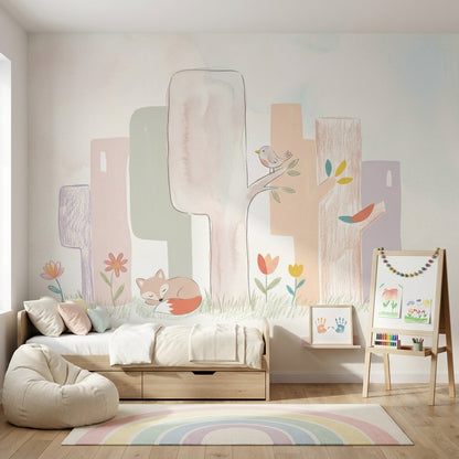 Orman Hayvanlı Poster Duvar Kağıdı Pastel Çocuk Odası Desenli
