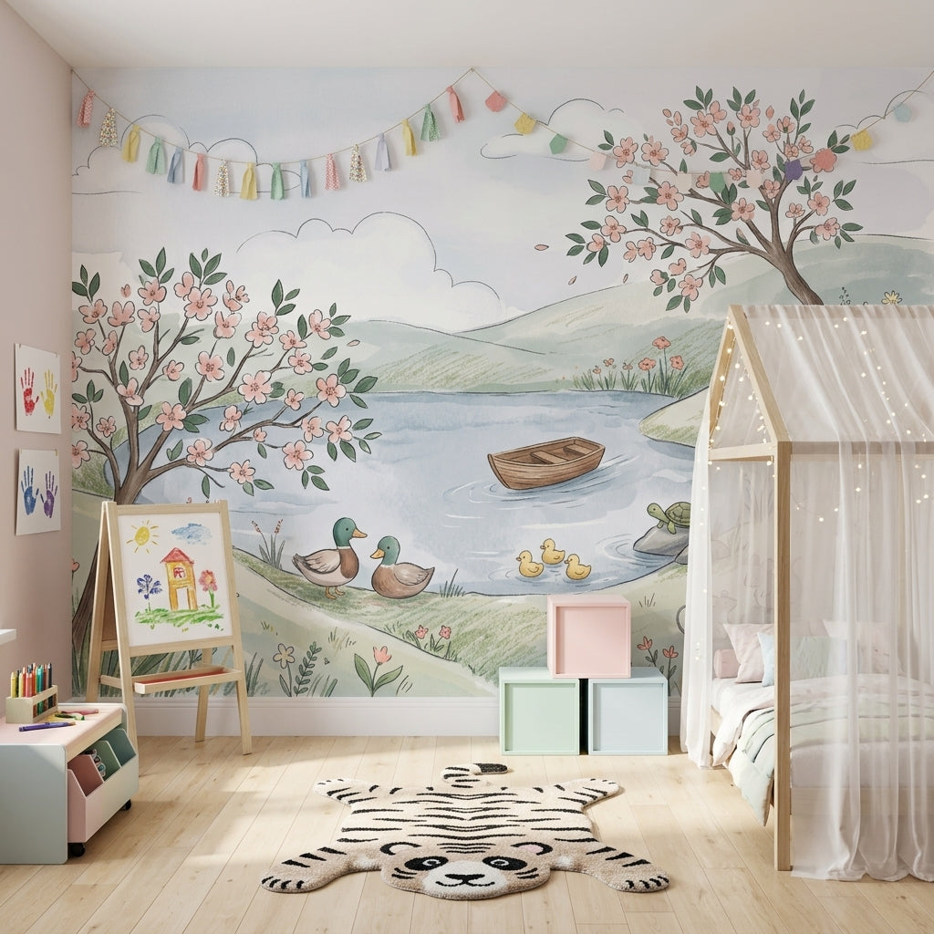 Göl Manzaralı Çiçekli Poster Duvar Kağıdı Bebek Odası Pastel