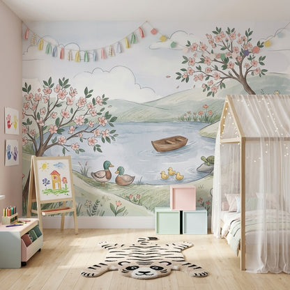 Göl Manzaralı Çiçekli Poster Duvar Kağıdı Bebek Odası Pastel