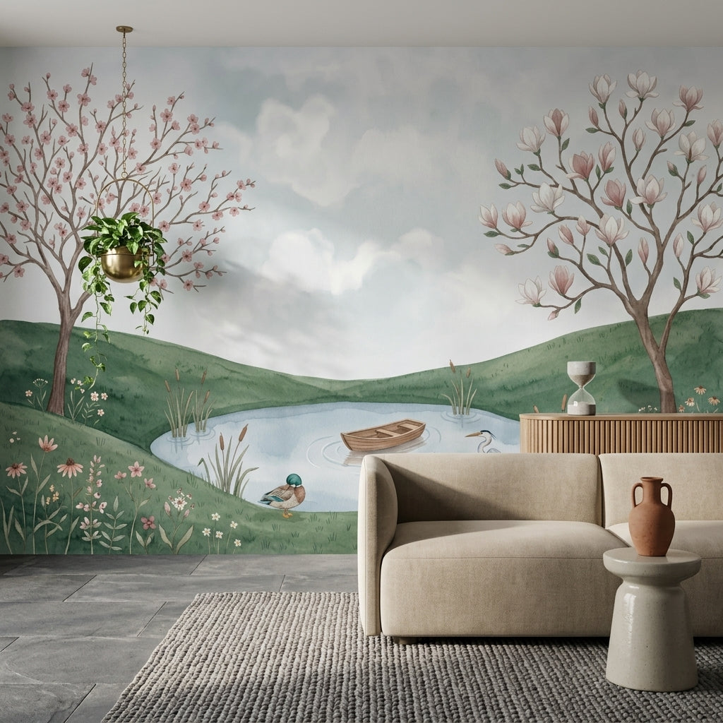 Gölet Manzaralı Poster Duvar Kağıdı Pastel Doğa Çocuk Odası