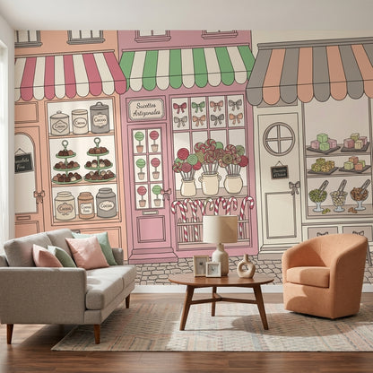 Pastel Şekerci Dükkanı Poster Duvar Kağıdı Renkli Vitrin Desenli