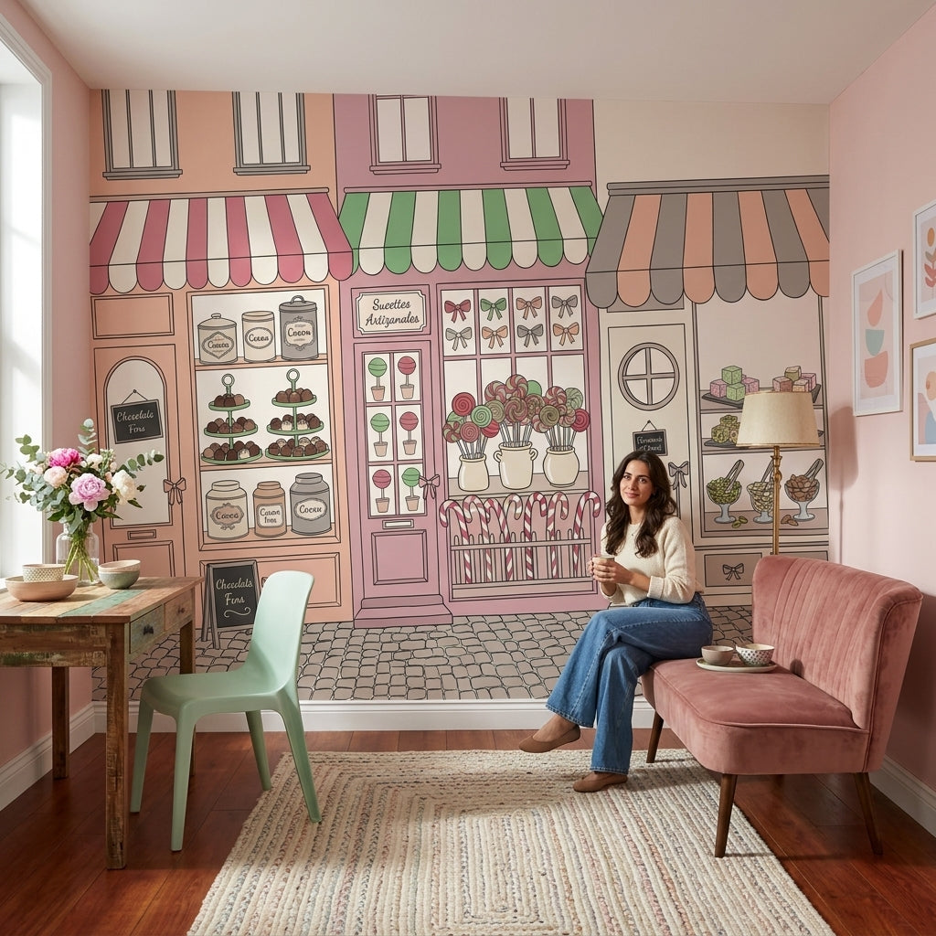 Pastel Şekerci Dükkanı Poster Duvar Kağıdı Renkli Vitrin Desenli