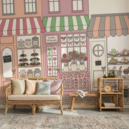 Pastel Şekerci Dükkanı Poster Duvar Kağıdı Renkli Vitrin Desenli
