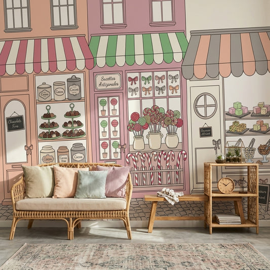 Pastel Şekerci Dükkanı Poster Duvar Kağıdı Renkli Vitrin Desenli