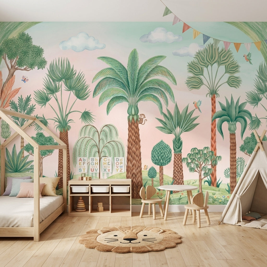 Pastel Tropik Orman Poster Duvar Kağıdı Çocuk Odası Yeşil