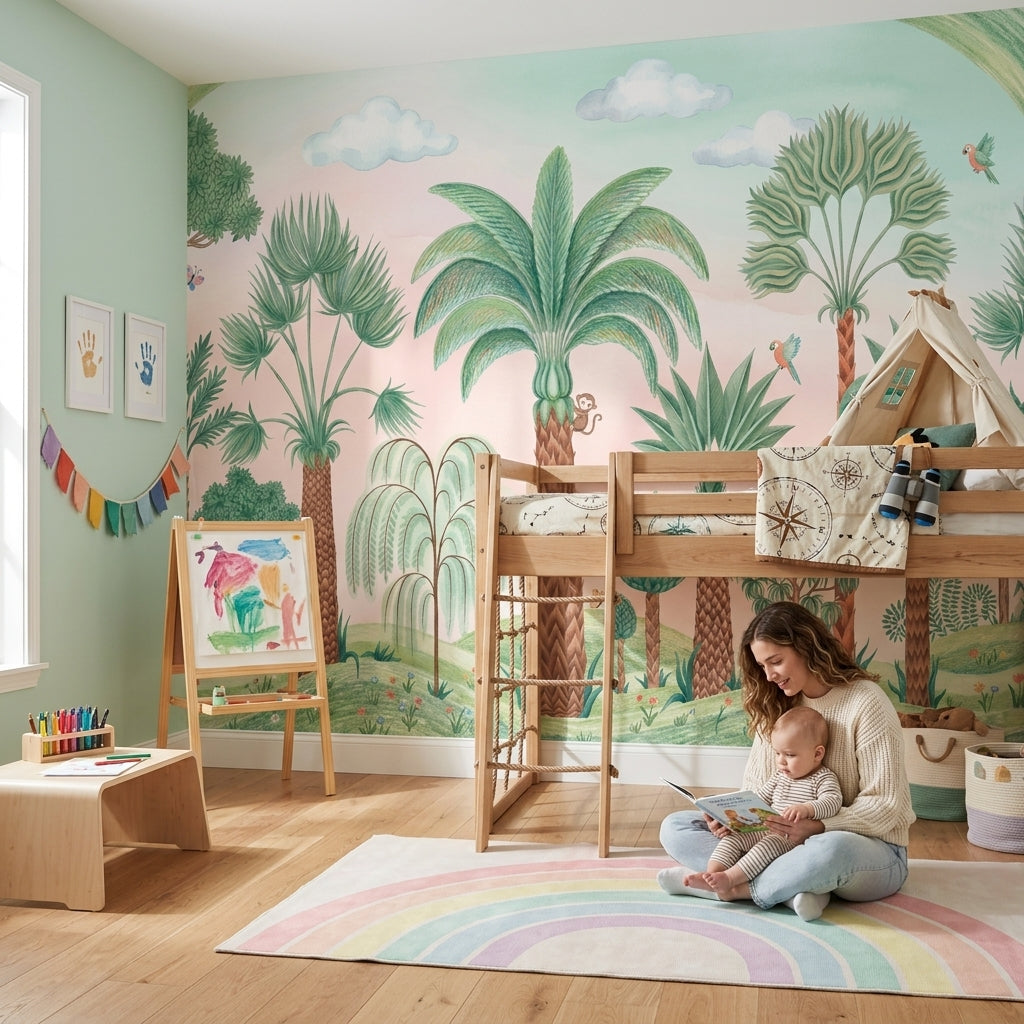 Pastel Tropik Orman Poster Duvar Kağıdı Çocuk Odası Yeşil