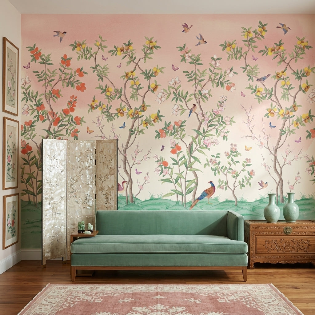 Kuşlu Çiçekli Ağaçlar Poster Duvar Kağıdı Pastel Pembe Salon