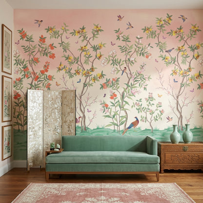 Kuşlu Çiçekli Ağaçlar Poster Duvar Kağıdı Pastel Pembe Salon
