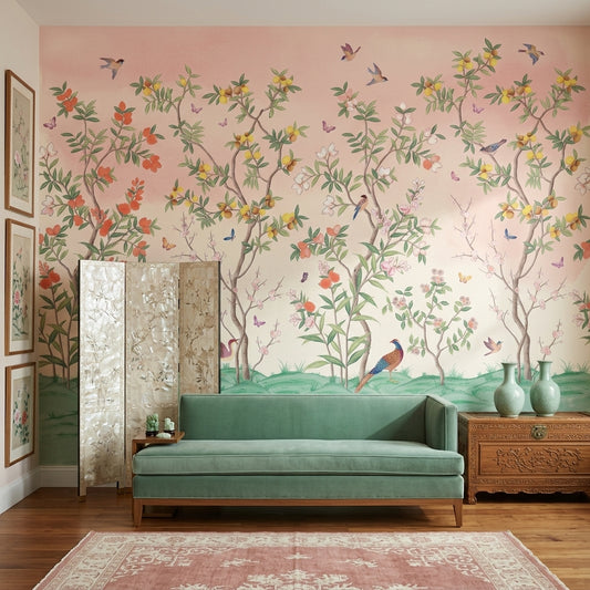 Kuşlu Çiçekli Ağaçlar Poster Duvar Kağıdı Pastel Pembe Salon