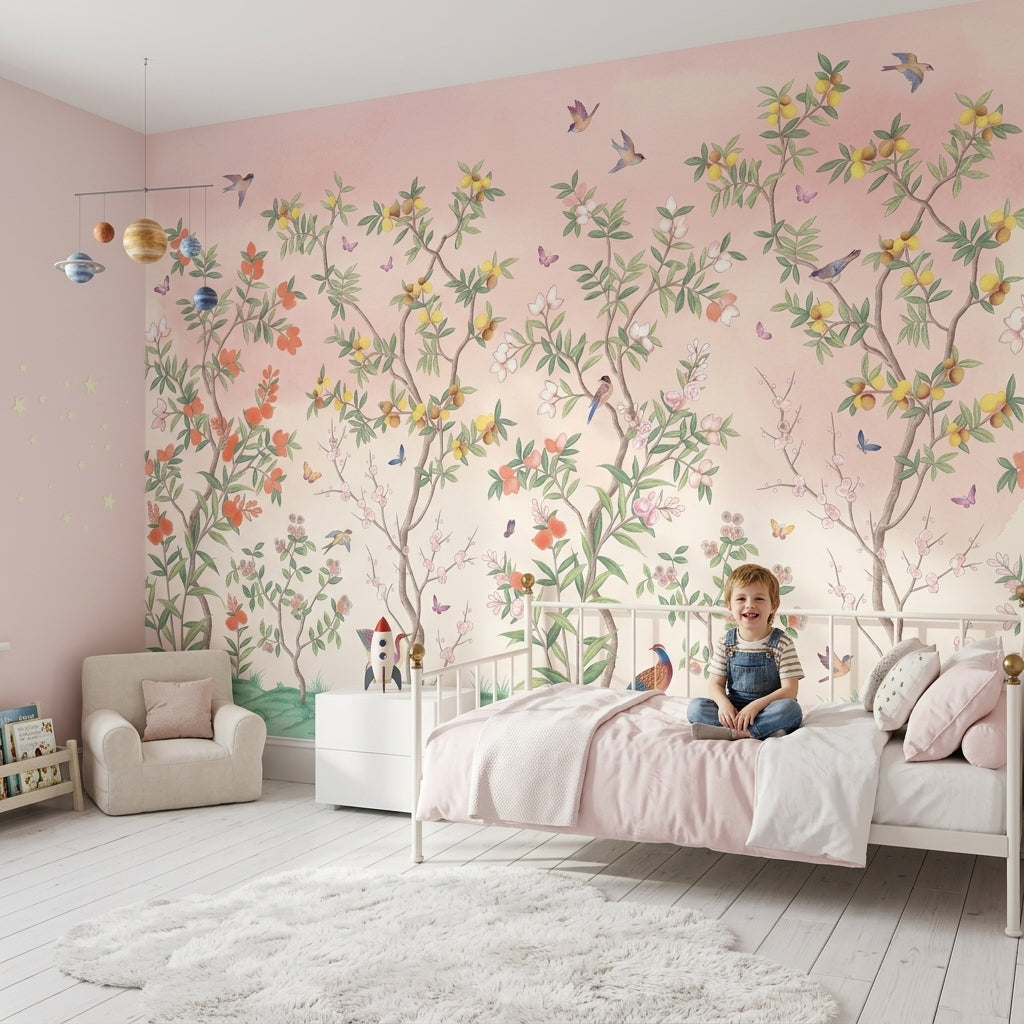 Kuşlu Çiçekli Ağaçlar Poster Duvar Kağıdı Pastel Pembe Salon