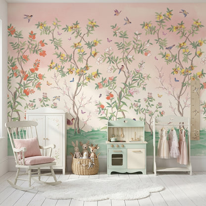 Kuşlu Çiçekli Ağaçlar Poster Duvar Kağıdı Pastel Pembe Salon