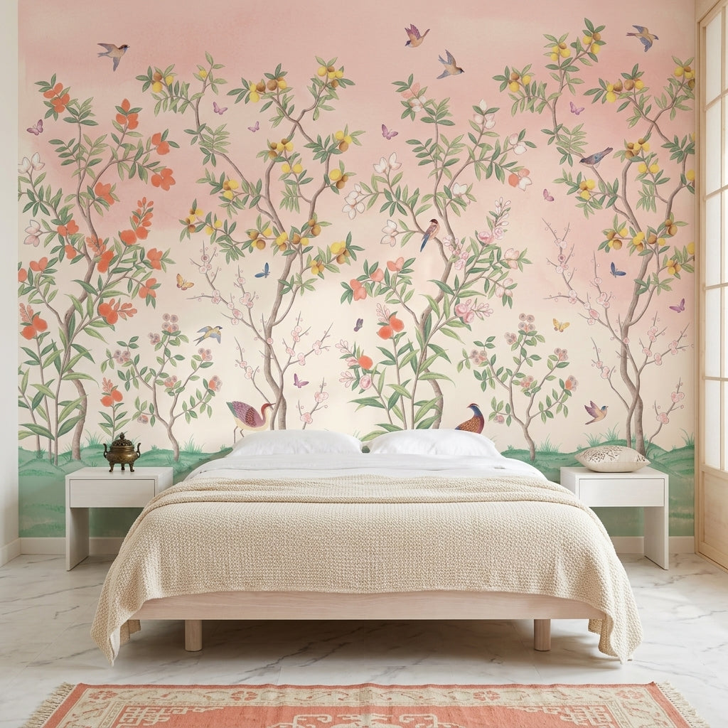 Kuşlu Çiçekli Ağaçlar Poster Duvar Kağıdı Pastel Pembe Salon