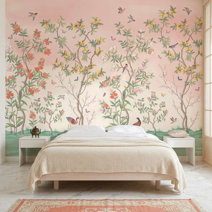 Kuşlu Çiçekli Ağaçlar Poster Duvar Kağıdı Pastel Pembe Salon