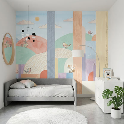 Pastel Orman Hayvanlı Poster Duvar Kağıdı Çocuk Odası Desenli