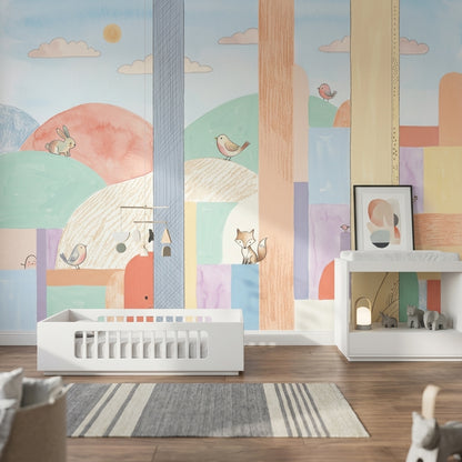 Pastel Orman Hayvanlı Poster Duvar Kağıdı Çocuk Odası Desenli