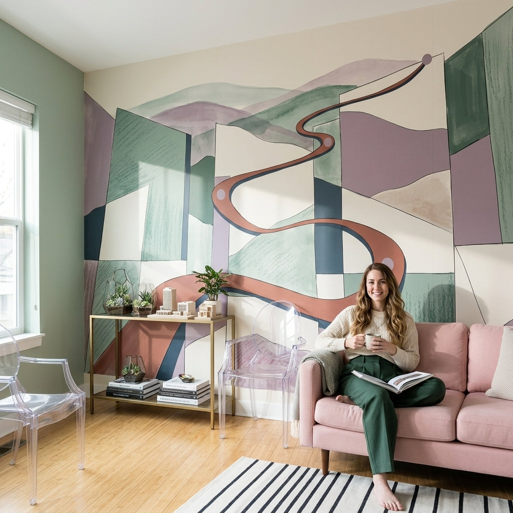 Soyut Geometrik Poster Duvar Kağıdı Pastel Yeşil Salon Duvarı